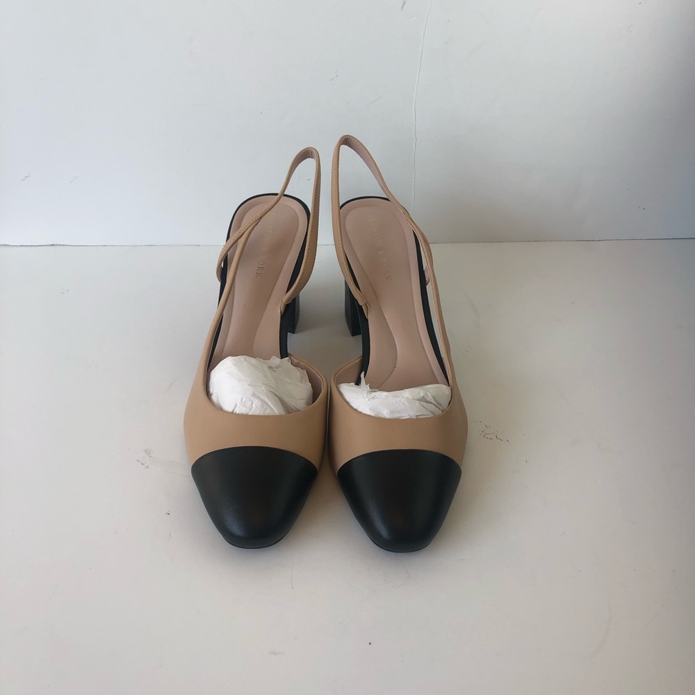 Preston & York Ines Colorblock Sling Back Block Heel Pumps Tan Black Size 10 New